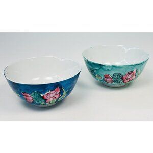 VTG Set 2 Handpainted Japanese Porcelain 4.5" Floral Rice Soup BOWLS Teal Pink